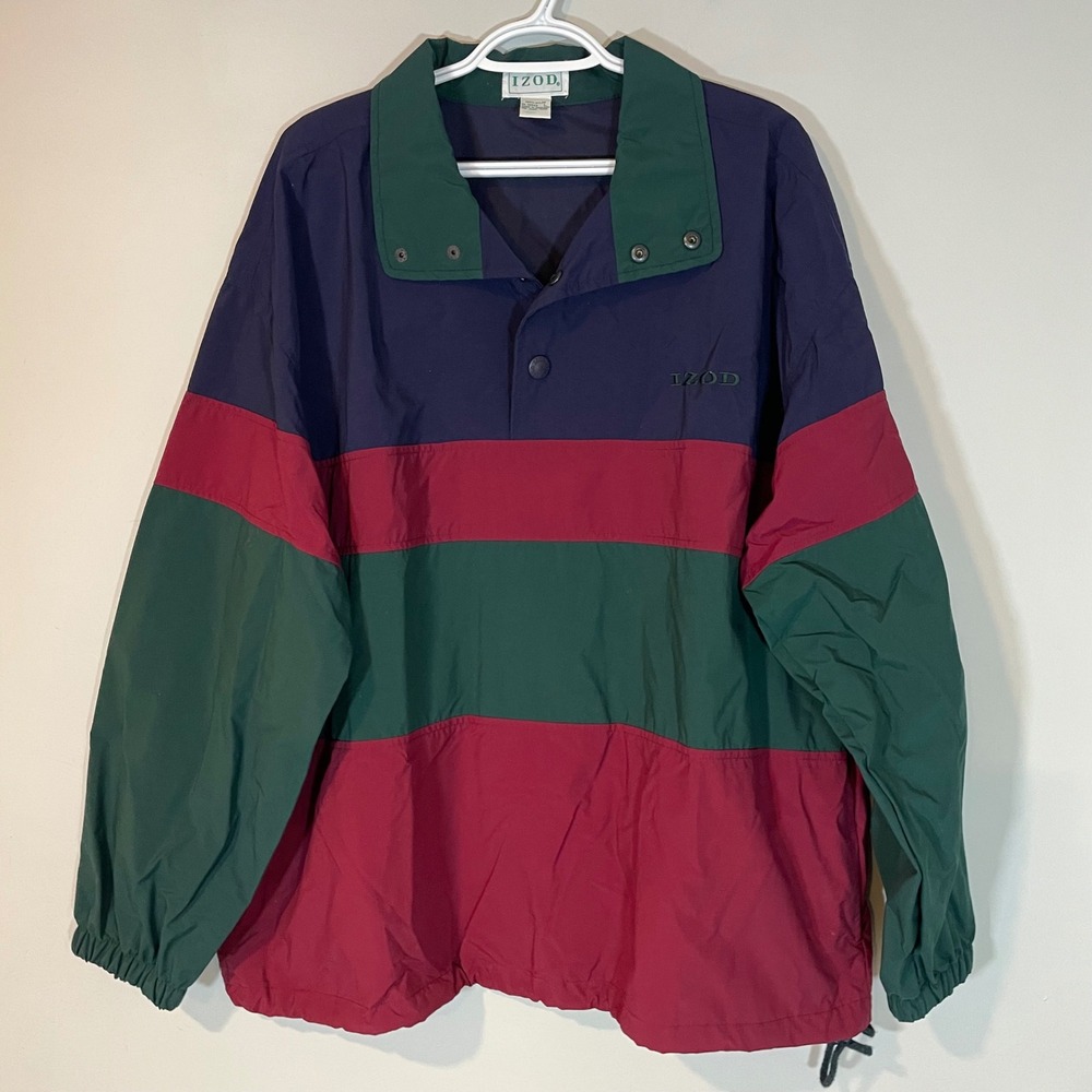 VTG Izod Mens Colorblock Pullover Windbreaker Jacket Navy Green Burgundy L Rugby